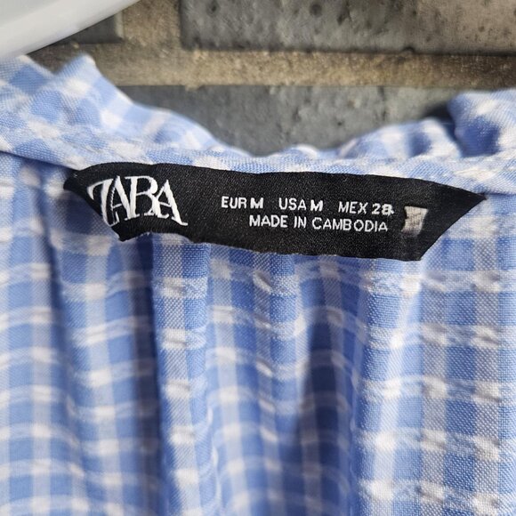 Zara Women's Blue & White Gingham Prairie Boho Cottage Crop Top Tie Front Size M - Picture 11 of 14